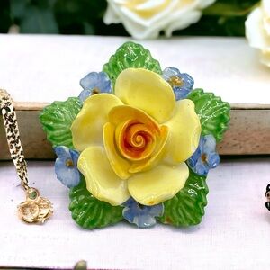 Vintage England Aynsley Fine Bone China Flower w Leaf Porcelain Brooch Pin